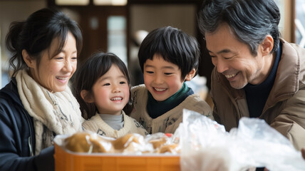 避難所で炊き出しに感謝する笑顔の家族