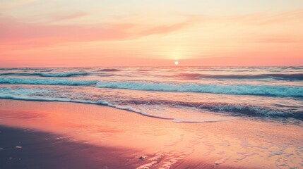 Fototapeta premium Serene Sunset Over Gentle Waves on Tranquil Beach Shoreline