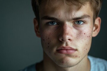 Fototapeta premium Close-up image of a teenage boy displaying acne on his face. Realistic depiction of skin imperfections for educational or medical purposes.