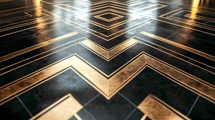Obraz premium Elegant geometric floor design with gold and dark patterns.