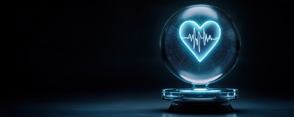 A glowing heart symbol with an EKG line inside a crystal sphere, set against a dark background, representing health and technology.