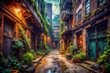 Fototapeta premium Urban Exploration Photography Backgrounds: Grungy Cityscapes, Industrial Textures, Abandoned Places, Dark Alleyways, Brick Walls, Graffiti Art