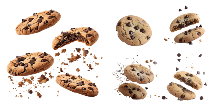 Steps of chocolate chip cookie being devoured. Generative AI.