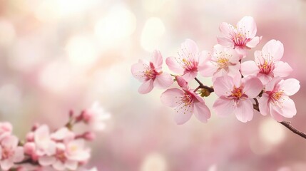 Fototapeta premium Delicate Cherry Blossom Branch with Soft Pink Petals in Spring Light