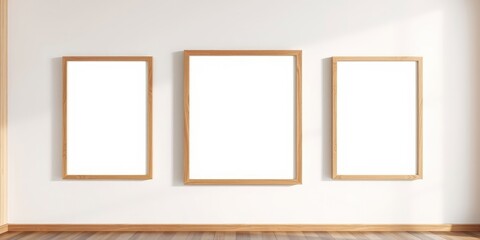 Three Blank Light Wood Frames on a White Wall