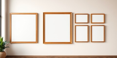 Modern minimalist home decor with empty wooden picture frames on a light beige wall