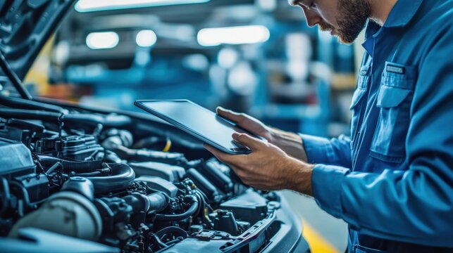 Mechanic Using Tablet to Diagnose Car Issues in Automotive Workshop