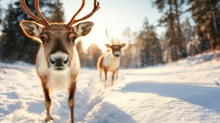In the gentle light of the golden hour, two reindeers explore a snow-covered path in a forest, evoking feelings of adventure and closeness to nature.