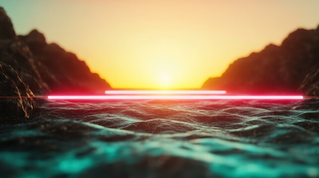 A luminous neon line cuts across a tranquil water scene framed by rocky shores, highlighting the contrast between the natural sunset colors and digital elements.
