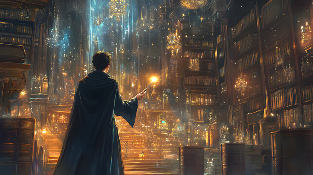 A young wizard holding a glowing wand in a magical library filled with floating books, mysterious artifacts, and golden chandeliers 