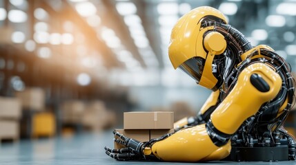 A yellow humanoid robot kneels down to inspect small boxes on a warehouse floor, reflecting technological advancements in logistics and inventory management.