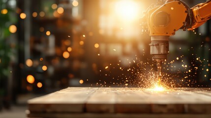 The image showcases a robotic arm, emitting sparks as it engages in a task on a wooden surface under warm lighting, highlighting modern industrial technology.