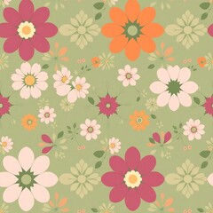 Floral Retro Pattern: A vibrant, vintage-inspired floral pattern in a lush green hue, featuring a variety of flower shapes and sizes in pastel pink, orange, and red.