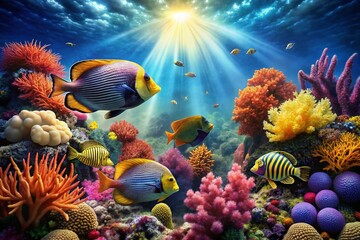 Fototapeta premium Vibrant Angelfish Reef Landscape Photography: Underwater Paradise, Tropical Fish, Coral Reef Scene