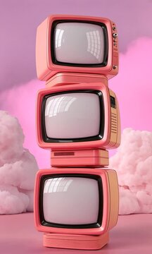 stack of 4 90s PINK televisions, mock up, white screens, white background