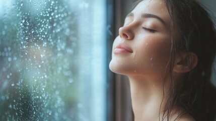 Relaxing, peaceful image of a woman enjoying the tranquility and beauty of rain on a window. Perfect mood enhancer.