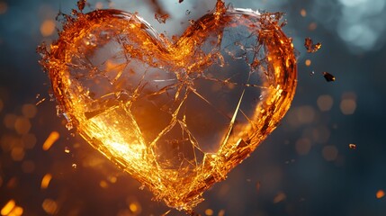 Fiery, shattered heart in flames, exploding with sparks.
