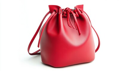 Bucket Bag: A trendy bucket bag in a vibrant red color with a drawstring closure, isolated against a white background. 