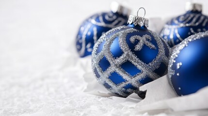 Festive Decoration: Hanukkah Blue Ornaments with Silver Designs on White Torn Paper for Holiday Celebration