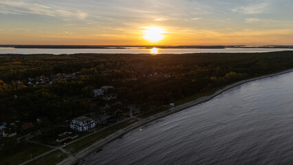 Drone aerial view of Glowe beach at the north of Germany at sunset