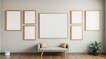 Fototapeta premium Modern Minimalist Living Room with Blank Picture Frames and Bench
