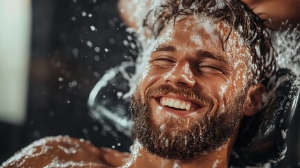 A man with a joyful expression is captured enjoying a refreshing shower, his head thrown back and droplets of water creating a lively and spirited scene of relaxation.