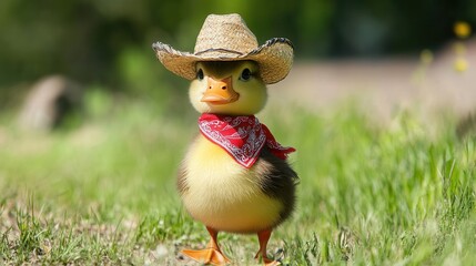 a duck waddling proudly in a tiny cowboy hat and a red bandana tied around its neck. 