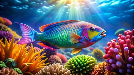 Fototapeta premium Vibrant Rainbow Parrotfish Underwater Candid Photo - Tropical Fish, Coral Reef, Ocean Life, Marine Wildlife, Underwater Photography