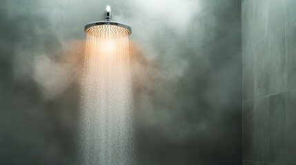 A modern shower head releases water amidst steam in a bathroom, creating an atmospheric, serene setting with a subtle glow, ideal for a relaxing environment.