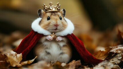 a hamster dressed as a tiny king, complete with a gold crown and a red cape lined with white fur trim.