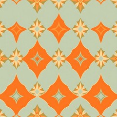 Geometric Tile Pattern in Orange and Green: A seamless pattern featuring a vibrant orange diamond shape with a starburst center, set against a calming green background.