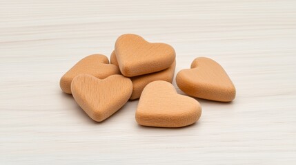 Obraz premium Heart-shaped cookies in a soft, beige color, arranged attractively on a light wooden surface, perfect for celebrations or gifts.