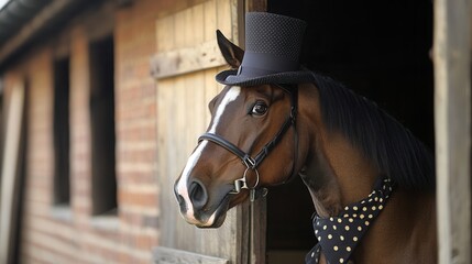 a horse peeking out of its stable, wearing a fancy top hat and a polka-dot tie, looking humorously dignified. 