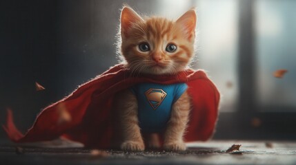 a kitten wearing a miniature superhero outfit, complete with a flowing cape and a tiny emblem on its chest. 