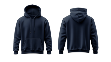 Set of navy front and back view tee hoodie hoody sweatshirt on transparent background cutout, PNG file. Mockup template for artwork graphic design