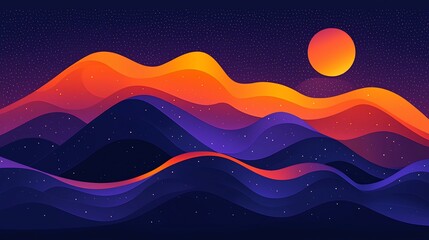 Abstract landscape with vibrant gradient hills and a large sun at night.