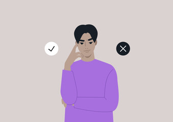 Individual stands in a minimalist space, hand to chin, contemplating decisions while surrounded by symbols indicating approval and disapproval, suggesting decision-making processes