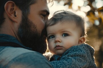 Fototapeta premium A tender moment between a father and his newborn baby, showing affection through gentle touches.