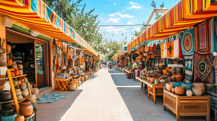 Mexico City Craft Market with handmade pottery and woven textiles, vibrant Latin American retreat