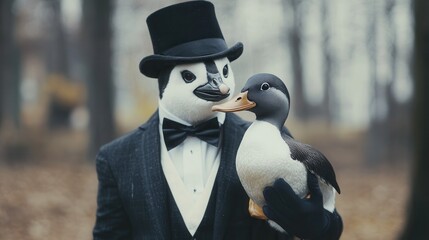 a person dressed as a penguin holding a duck wearing a bow tie, both looking oddly formal yet hilarious. 