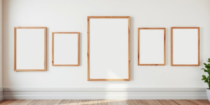 Empty wooden picture frames on a white wall