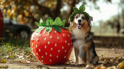 a person dressed as an oversized strawberry posing with a dog wearing a green leafy cap, both looking silly and cheerful. 