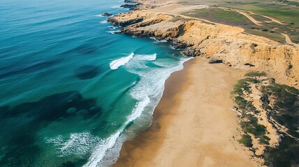 Aerial view of the Atlantic ocean and sandy beach