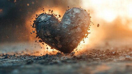 Crumbling stone heart exploding at sunset.