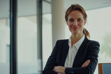 Woman in black suit with hands on hips, confident expression.