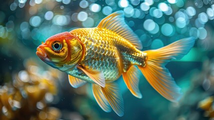 Obraz premium A vibrant goldfish swimming gracefully in a shimmering underwater scene.