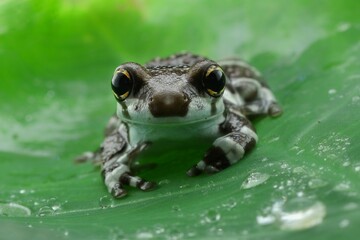 potrait Amazon milk frog floating on a leaf, 19 December 2024 Indonesia