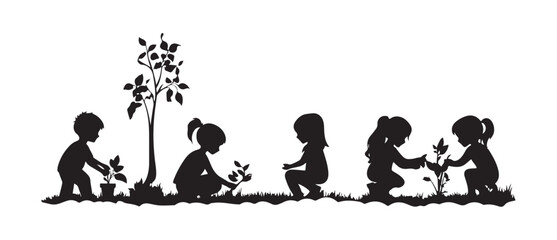 Children Planting Silhouette Vector illustration