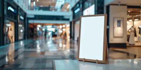 A rectangular electronic advertising screen with a white and black border, showing an informational message. It's placed on top of a table in the middle of a spacious walkway within a shopping mall.