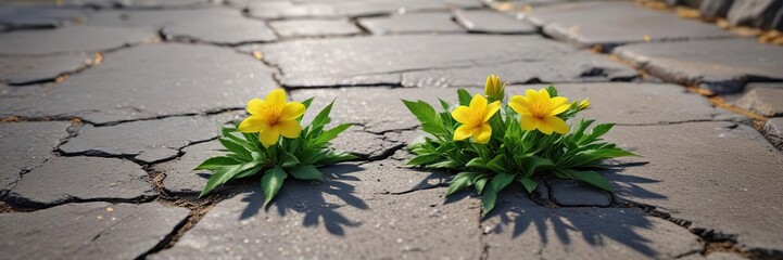 Green weed with single yellow flower between cracked pavement, catsear, garden detail, yellow flower